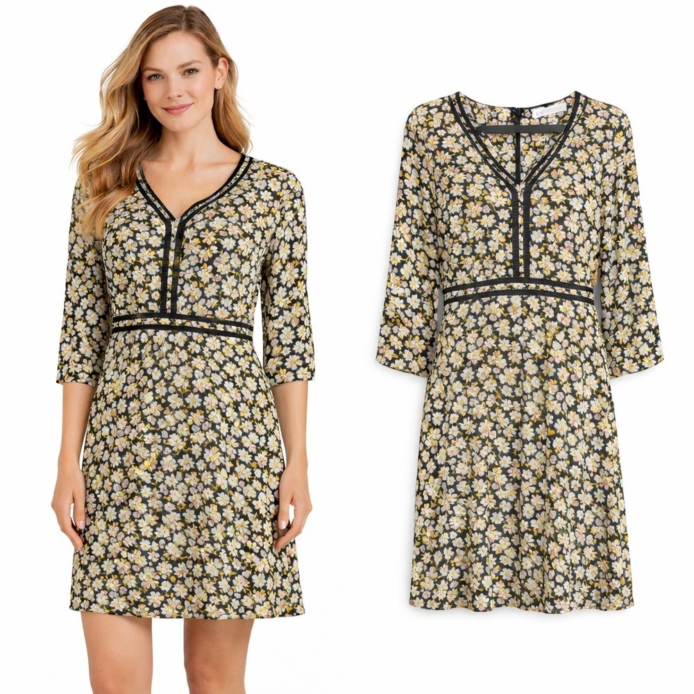 DE Collection Floral‎ Mini Dress Black Yellow 3/4 Sleeve V-Neck Size Small